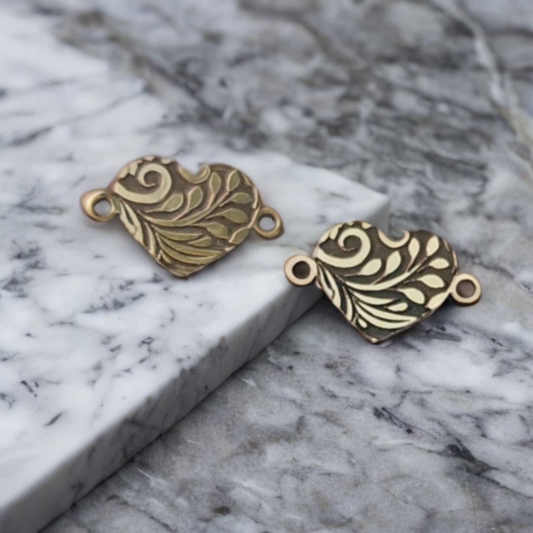 Engraved Floral Heart Connector - Gold Filled, sterling silver or solid gold