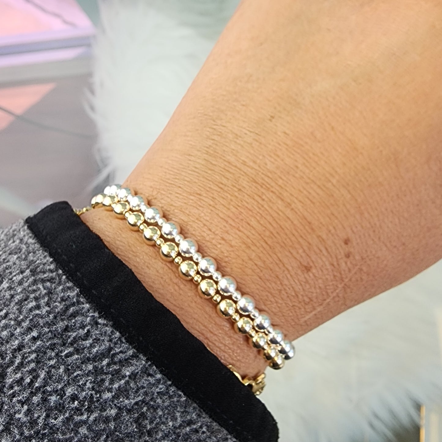 PREORDER: 4 + 3 mm Bead Stretch Bracelet 14k Gold Filled or .925 Sterling Silver