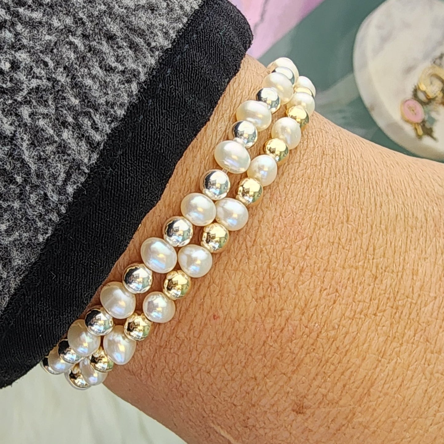 PREORDER: Pearl + Bead Stretch Bracelet 14k Gold Filled or .925 Sterling Silver