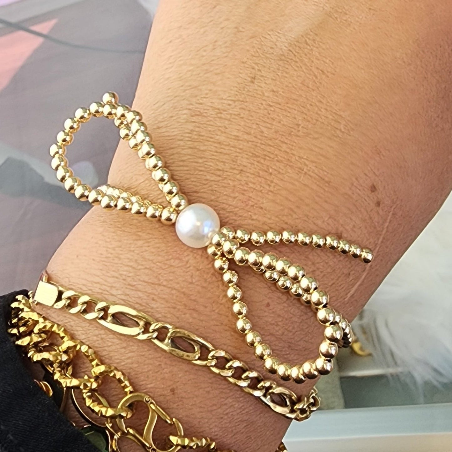 PREORDER: Pearl Bow Stretch Bracelet 14k Gold Filled or .925 Sterling Silver