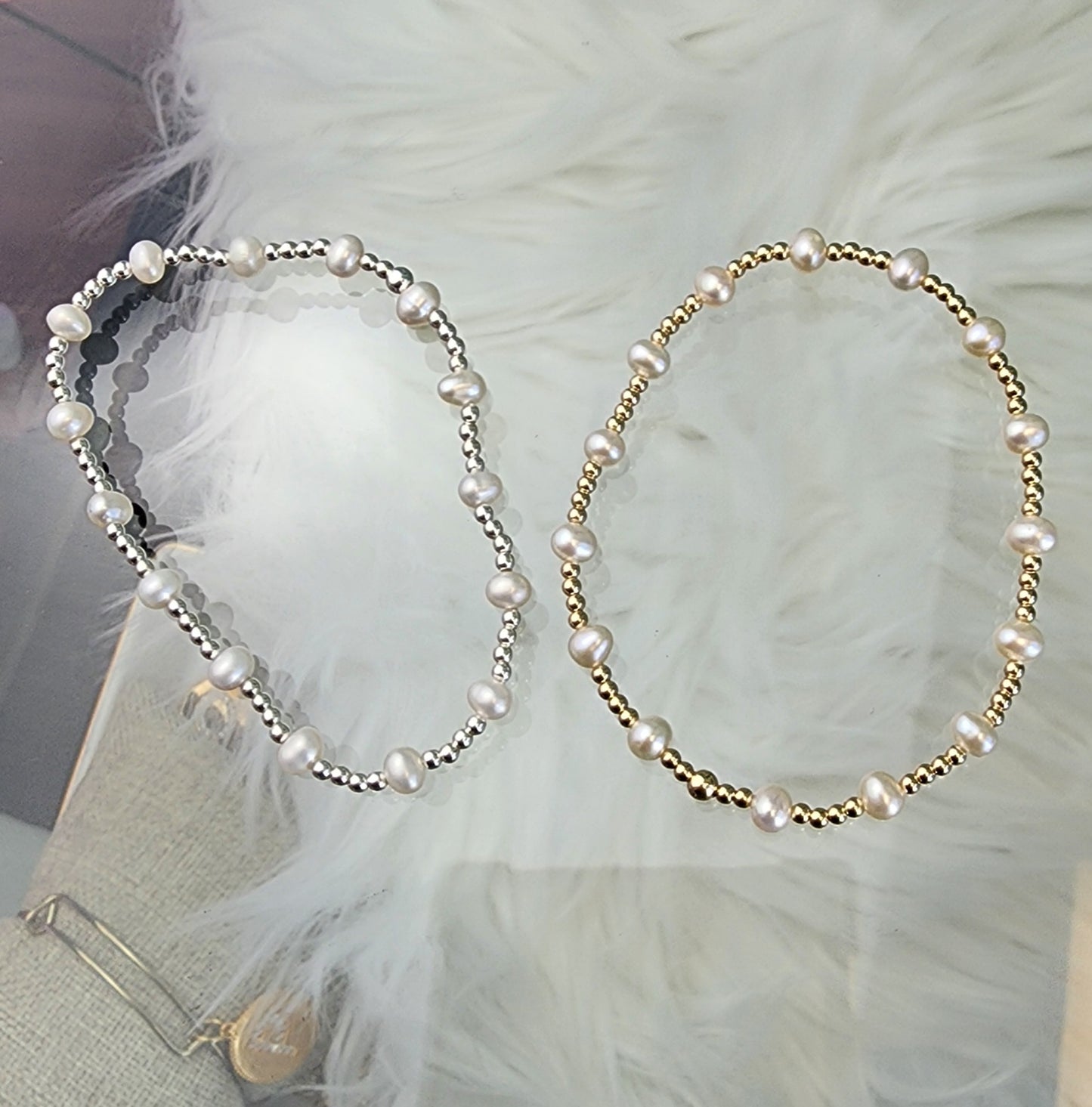 PREORDER: Dewdrop Pearl + Bead Stretch Bracelet 14k Gold Filled or .925 Sterling Silver
