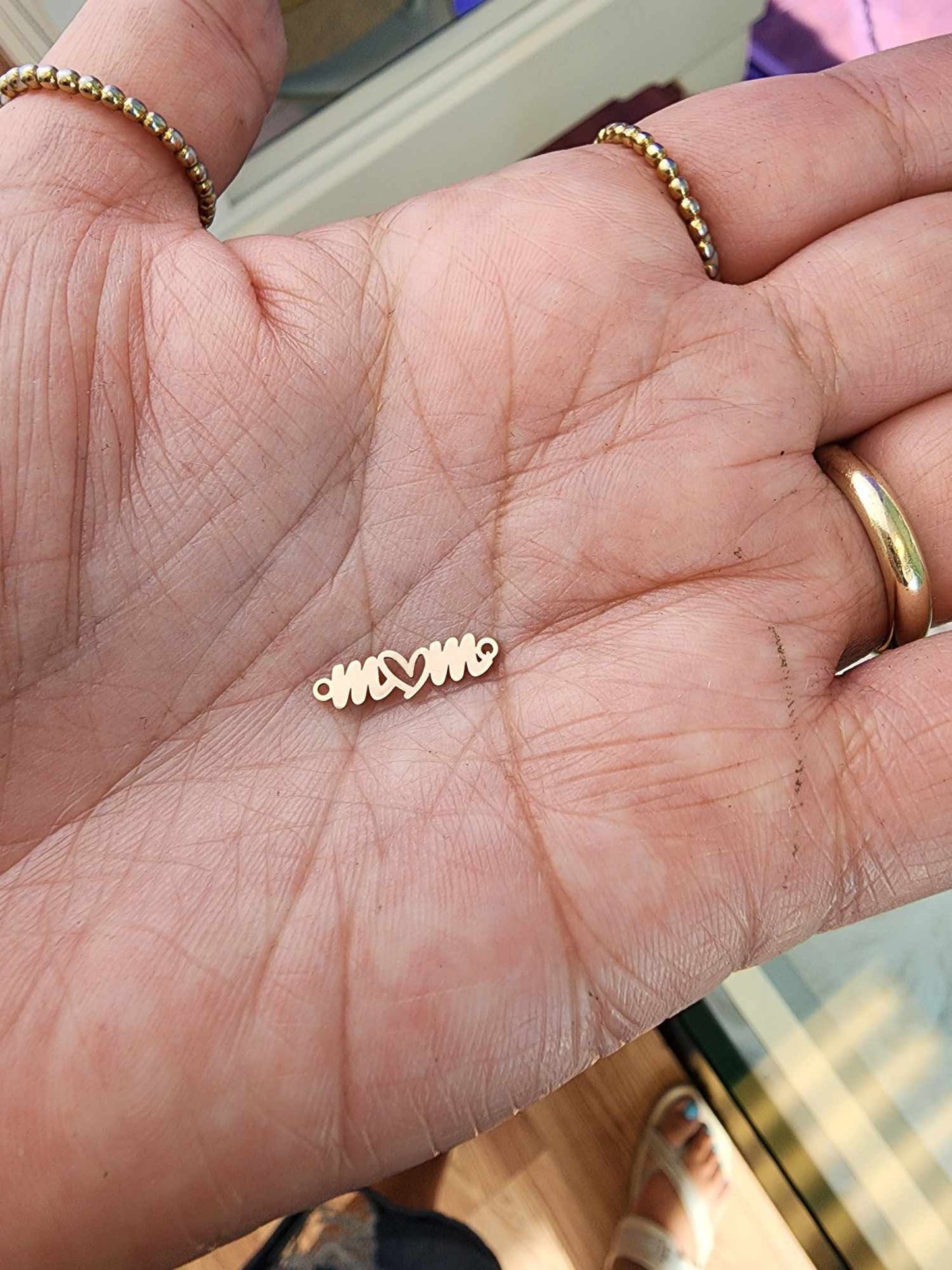 gold filled Mom with heart  connector - tiny small mom charm - permanent jewelry word connectors- supplies, wholesale, bulk infinity jewelry