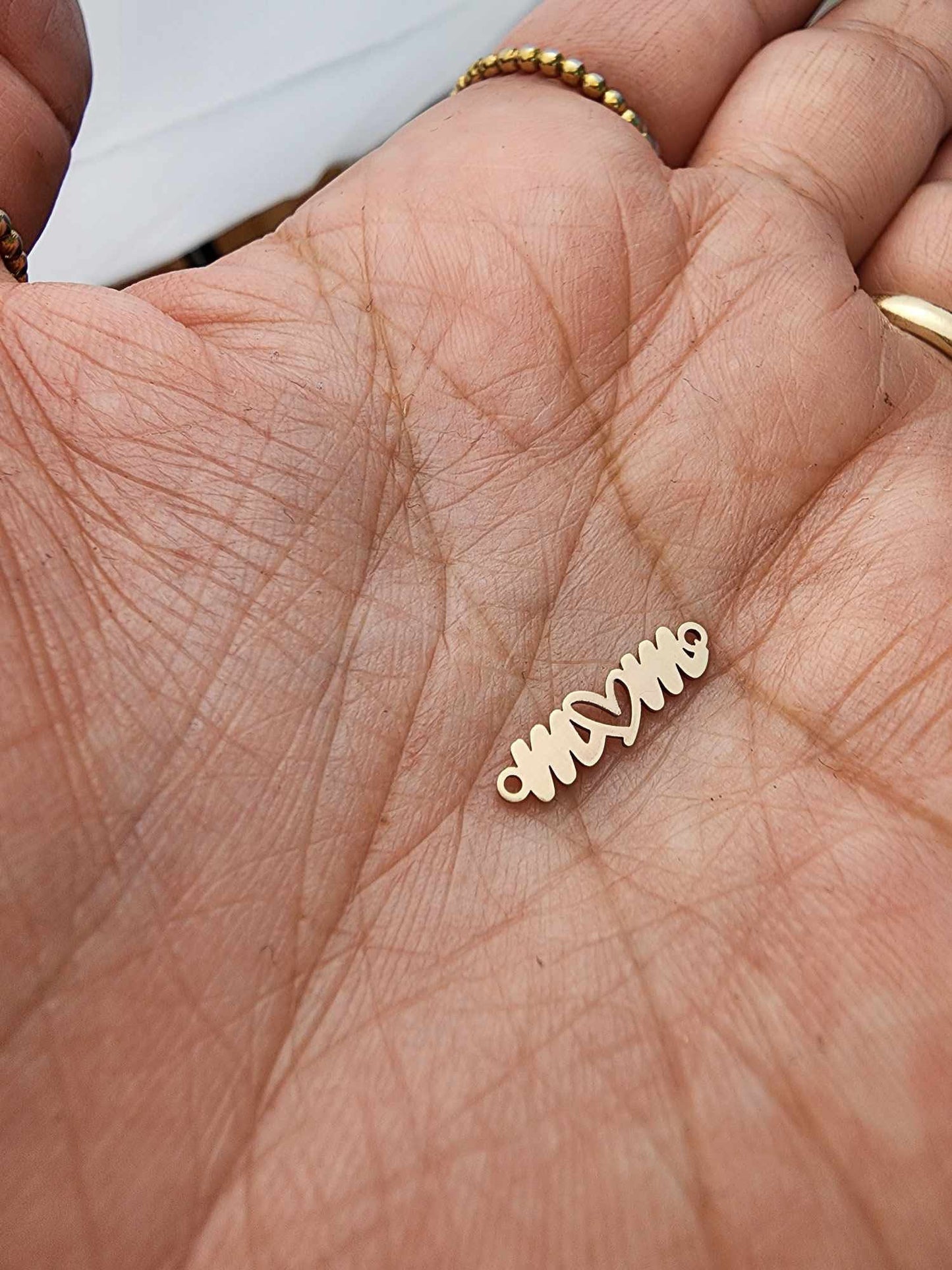 gold filled Mom with heart  connector - tiny small mom charm - permanent jewelry word connectors- supplies, wholesale, bulk infinity jewelry