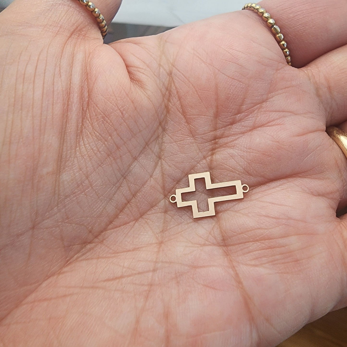 gold filled cross outline connector - sterling silver or solid gold- permanent jewelry word connectors- charm, pendant, pawprint 10 mm tal