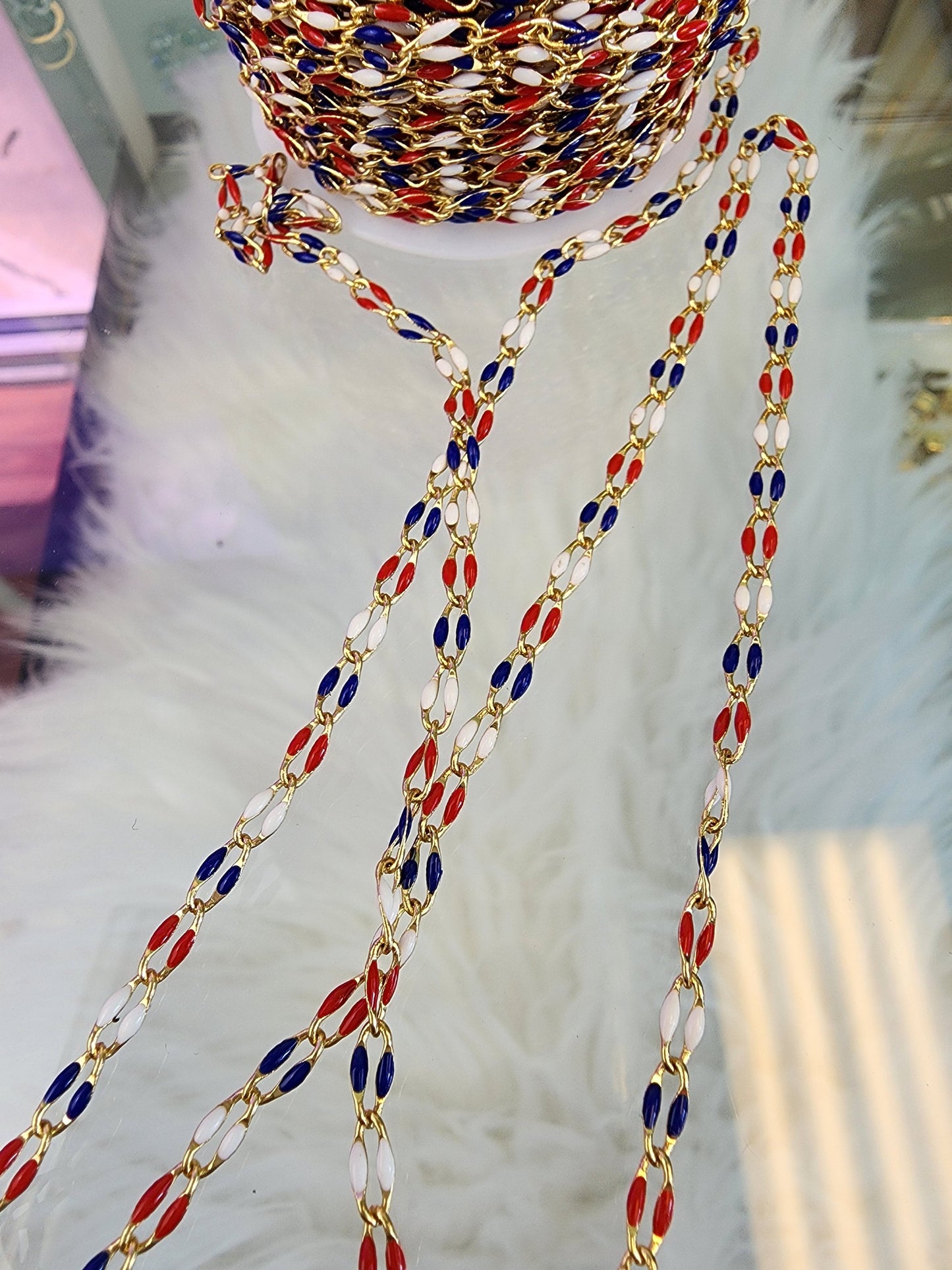 Red blue and white enamel chain for permanent jewelry Supply wholesale bead and cable, DYI, American flag