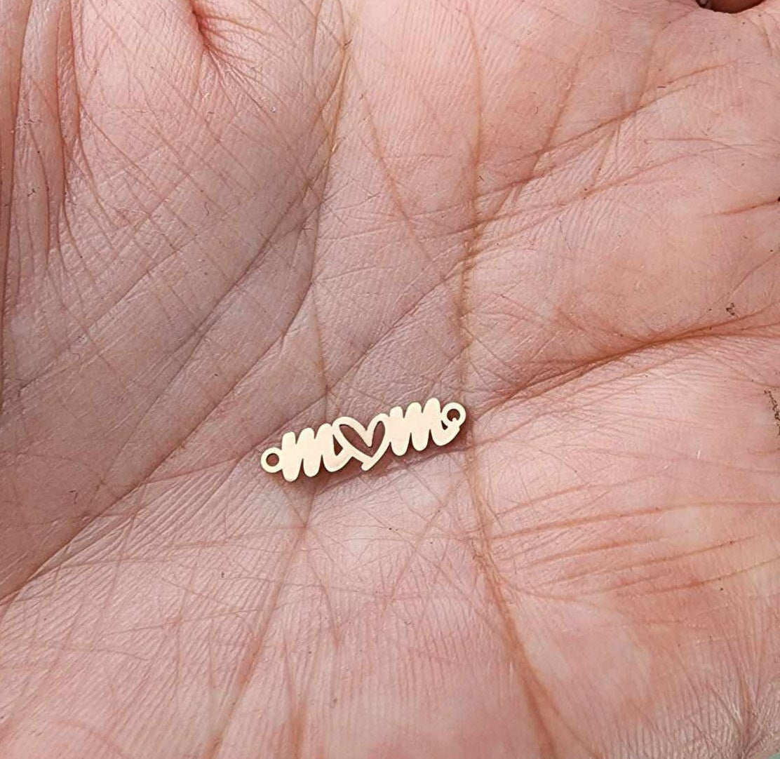 gold filled Mom with heart  connector - tiny small mom charm - permanent jewelry word connectors- supplies, wholesale, bulk infinity jewelry
