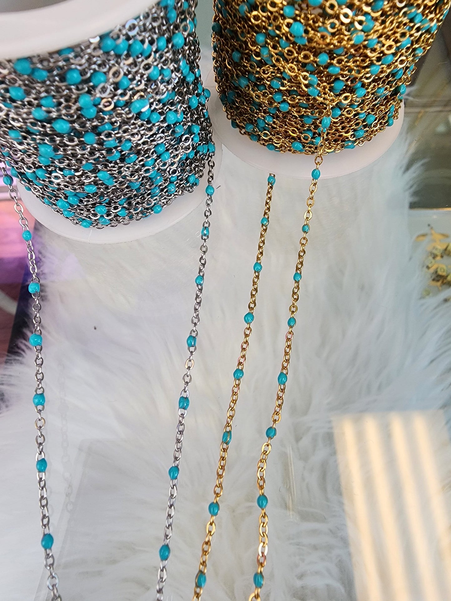 Light Blue or Aqua Enamel Chain multicolor bulk chain chain for permanent jewelry Supply wholesale bead and cable gold or silver