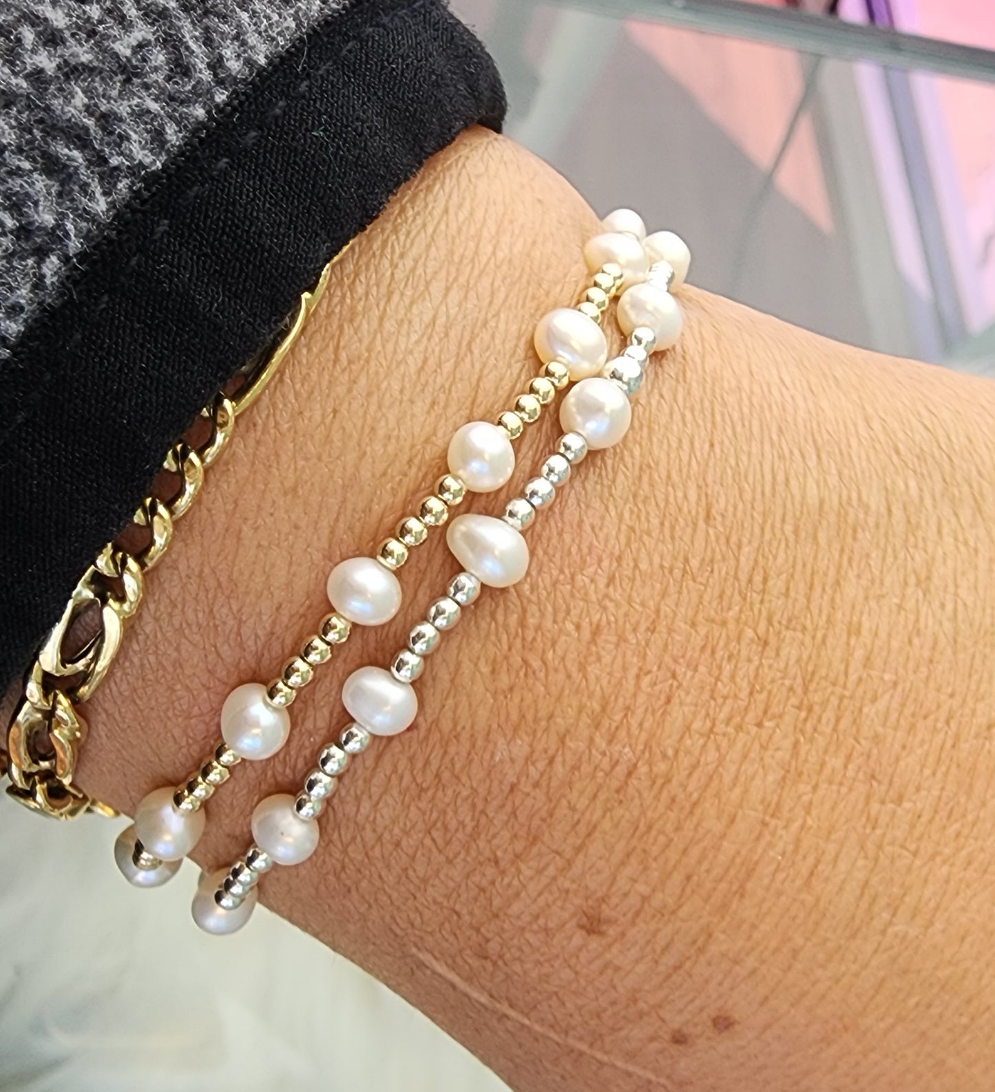 PREORDER: Dewdrop Pearl + Bead Stretch Bracelet 14k Gold Filled or .925 Sterling Silver