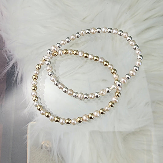 PREORDER: Pearl + Bead Stretch Bracelet 14k Gold Filled or .925 Sterling Silver